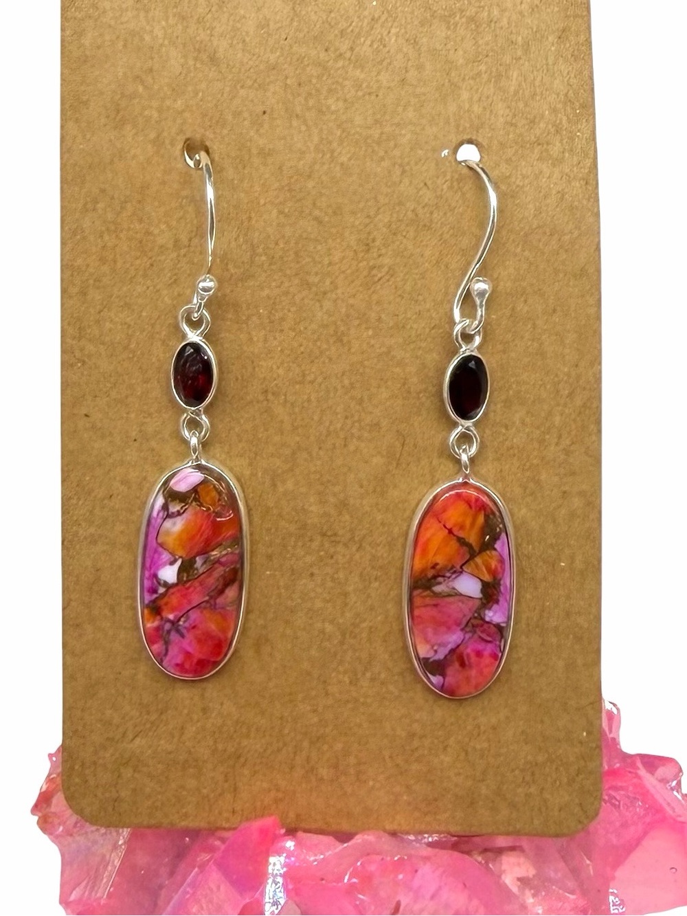 Kingman Pink Dahlia Turquoise Garnet Earrings Solid 925 Sterling Silver